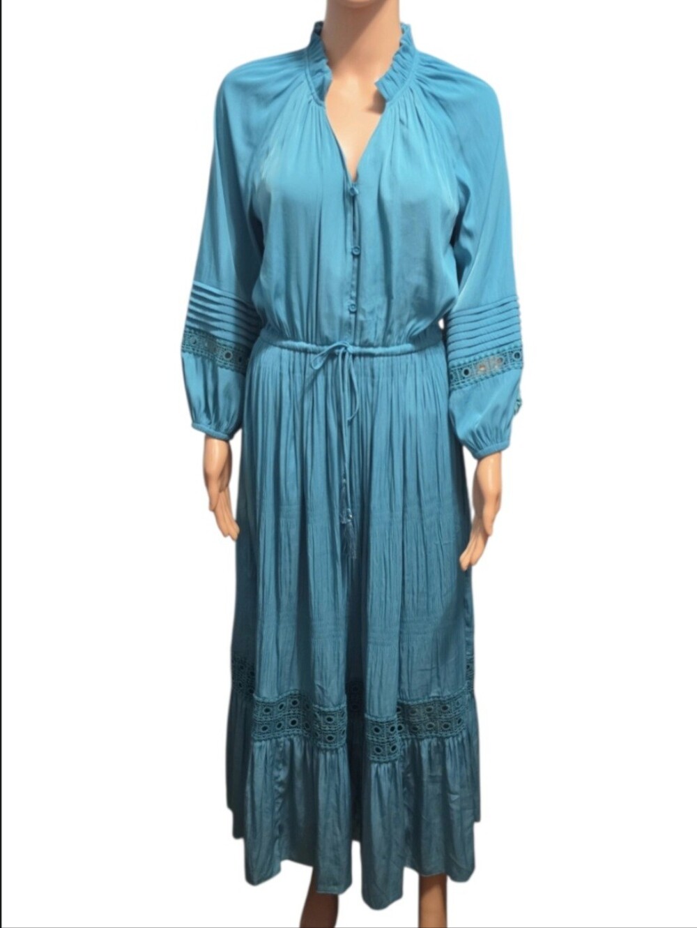 Chico's Aqua Teal Long Sleeve Coastal Resort Bohemian Maxi Dress Sz 2